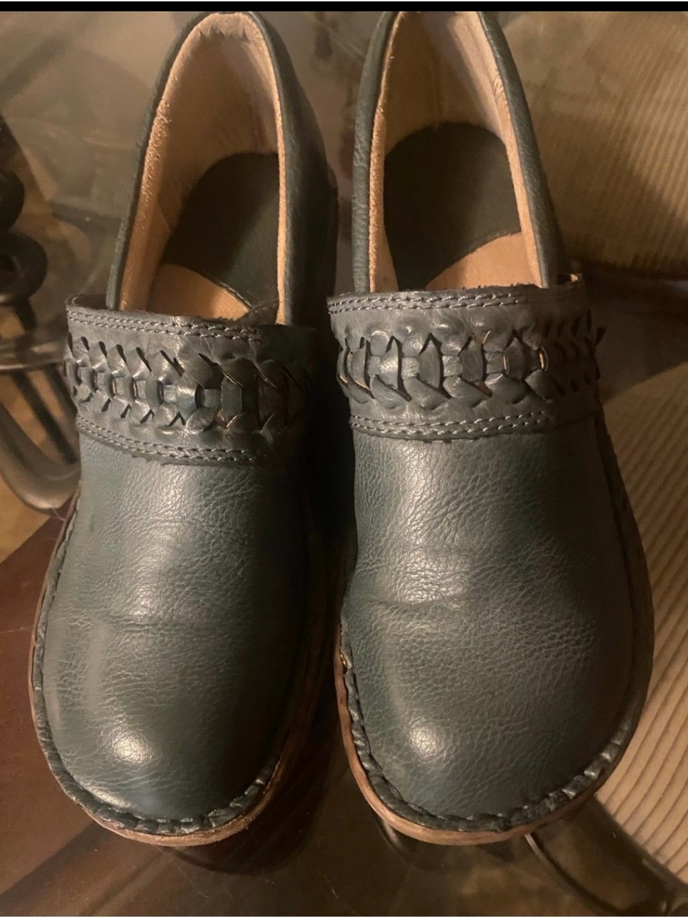 boc Teal Leather Slip-On Woven Accent Clogs